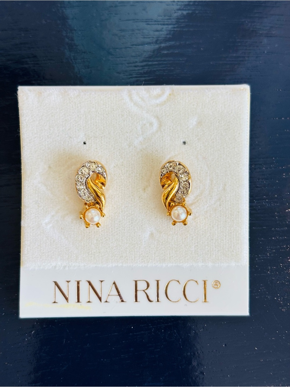 Nina Ricci Gold-Tone Crystal and Pearl Clip Earrings-NWT